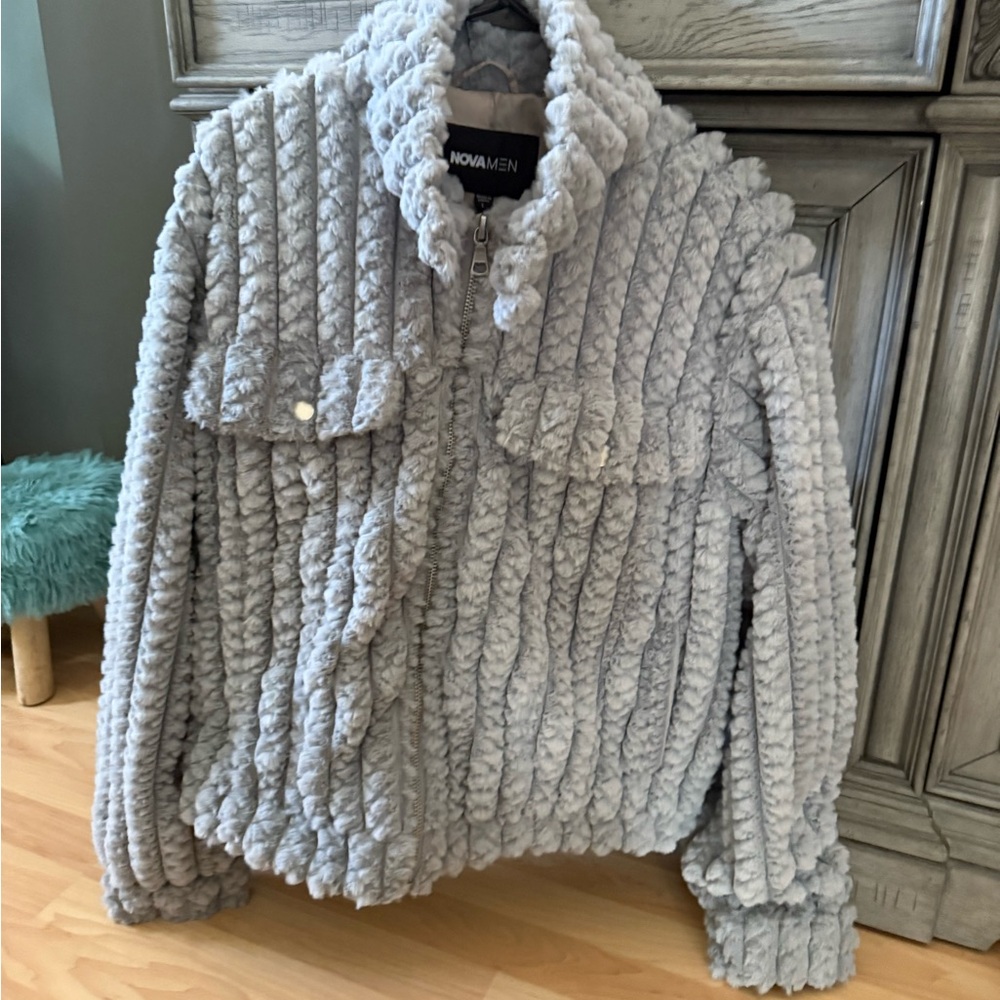 Men Gray Textured Jacket Size Large - Picture 5 of 6